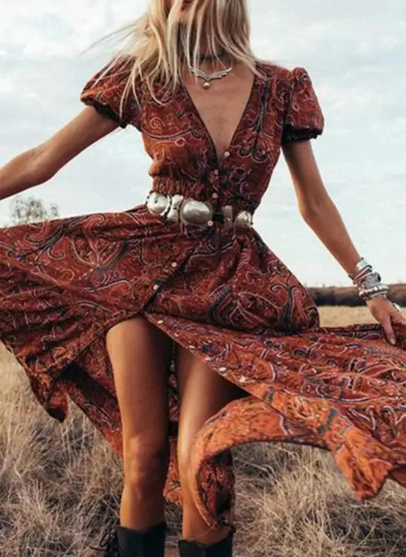 Boho Vintage Floral Chiffon Dress with Three-Quarter Sleeves - Image 27