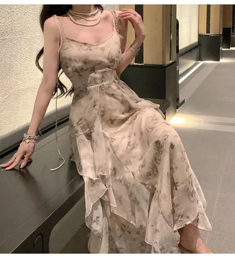 Vintage Shivering Print Sleeveless Chiffon Long Dress for Women - Image 11