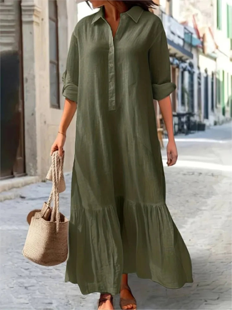 Women's Casual Cotton Linen Long Sleeve Ruffled Dress - Image 7
