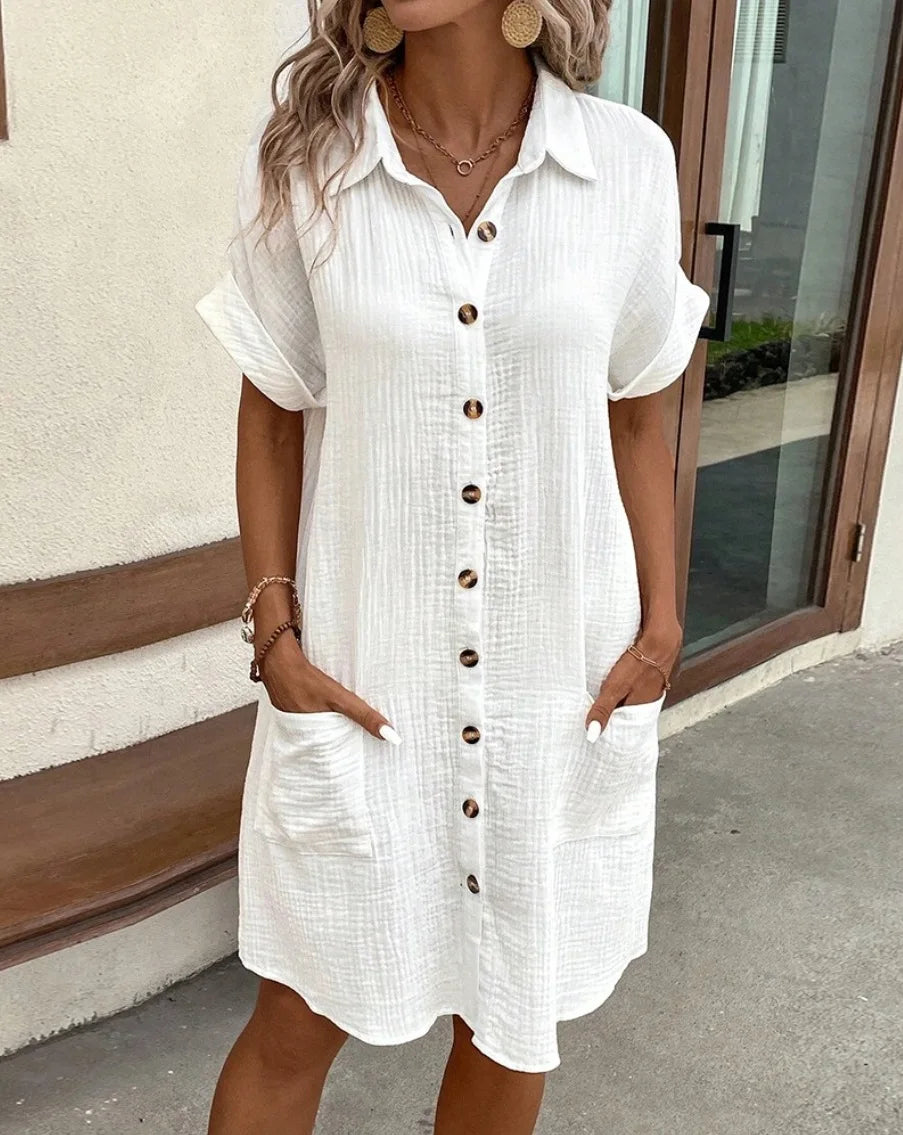 Casual Loose Short Sleeve Button-Up Dress with Pockets - Image 13