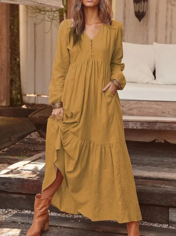 Elegant Vintage V-Neck Cotton-Linen Maxi Dress for Women - Image 28