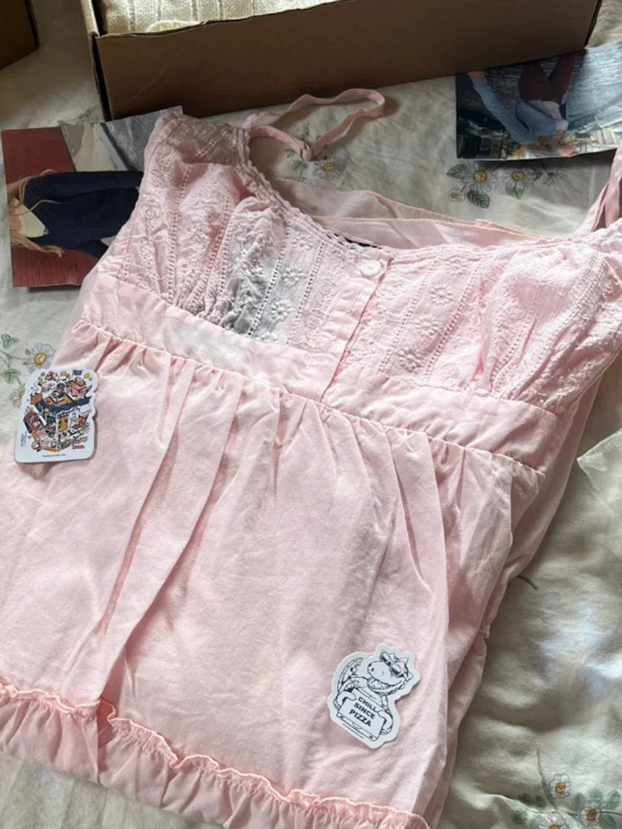 Floral Embroidery Pink Sleeveless Dress with Ruffles - Image 9