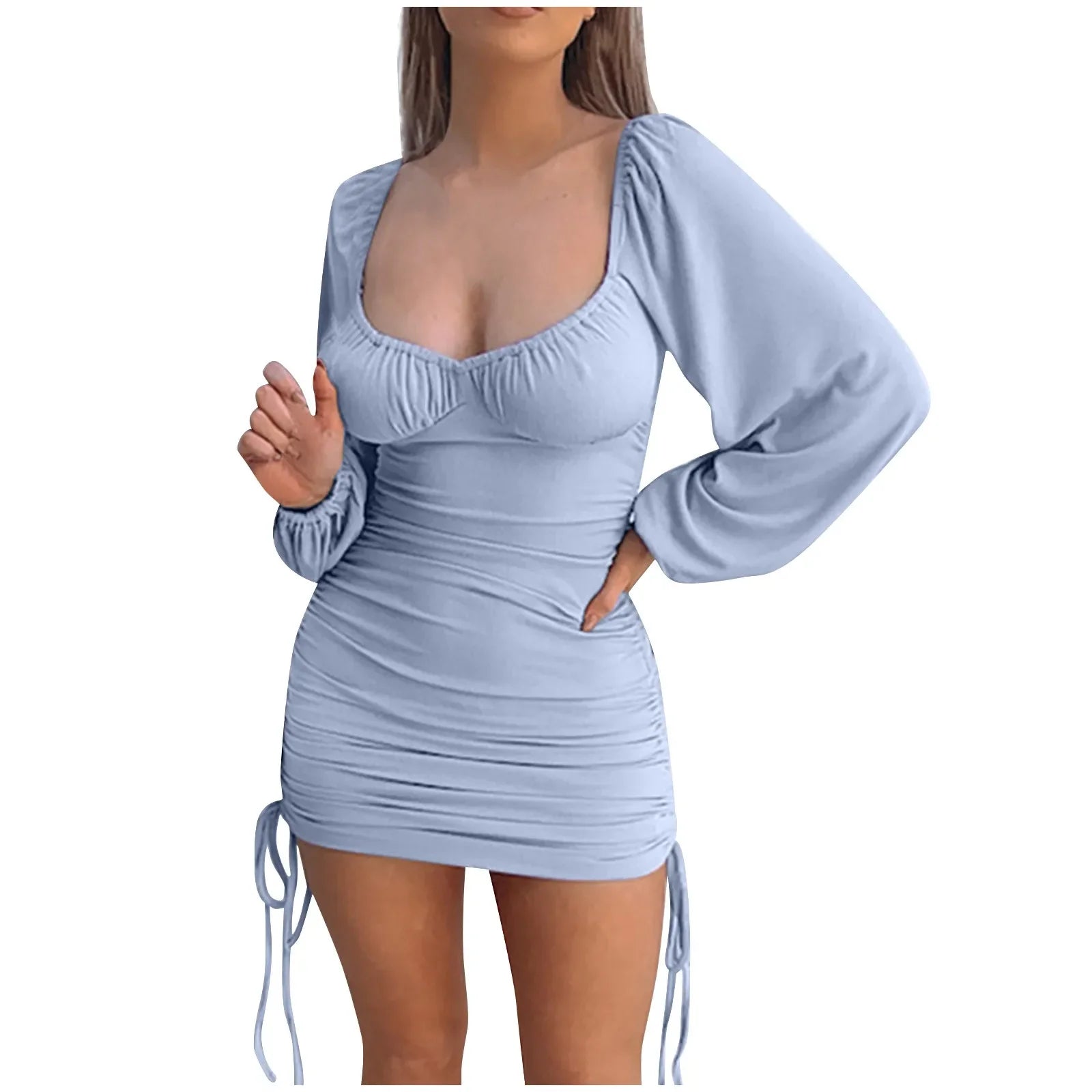 Square Collar Puff Sleeve Bodycon Mini Dress for Summer - Image 12