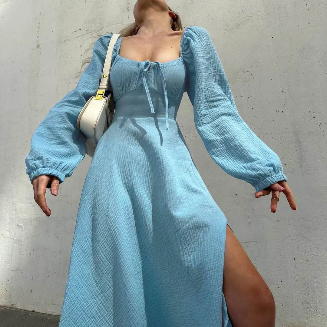 Lace-Up Midi Dress with Lantern Sleeves and Slit