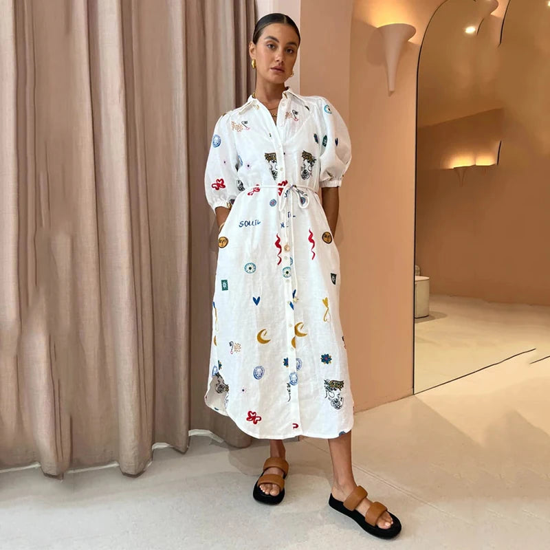 Chic Graffiti Midi Dress with Lace Up & Lantern Sleeves