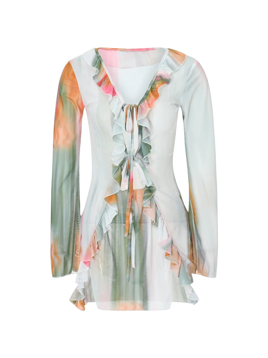 Women's Tie-Dye Mini Dress with Long Sleeves and Slit - Image 16