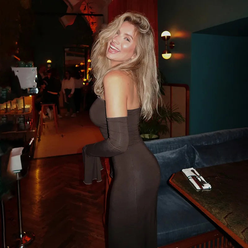 Black Slim Ruffled Backless Off-Shoulder Maxi Dress - Image 29