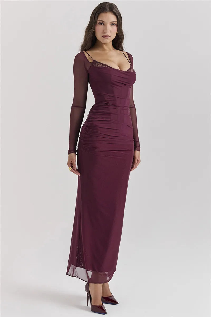 Elegant Sheer Long Sleeve Backless Maxi Dress for Women - Image 20