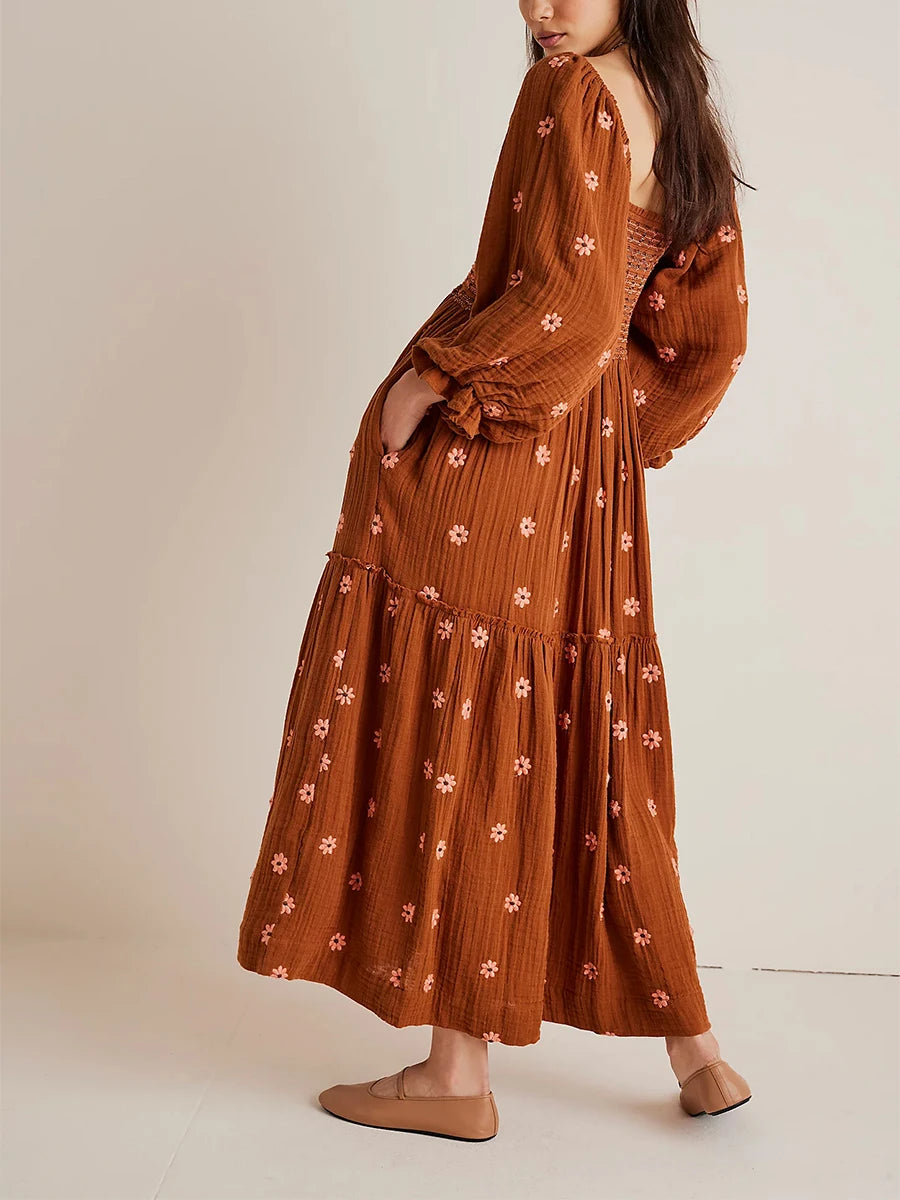 Bohemian Flower Embroidered Tiered Long Dress for Summer - Image 9