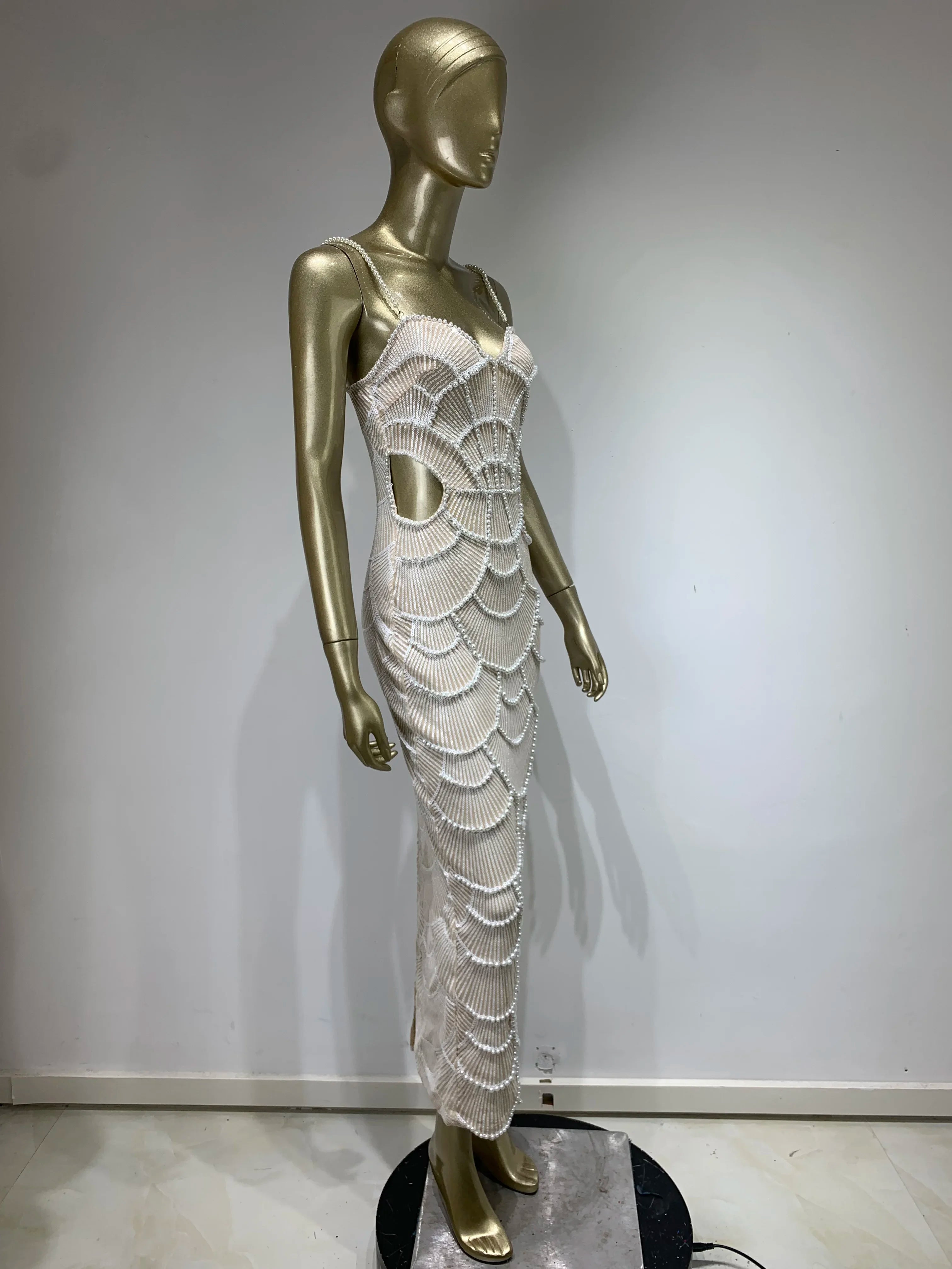 Elegant Women's Pearl Beaded V Neck Cut-Out Maxi Dress - Image 10