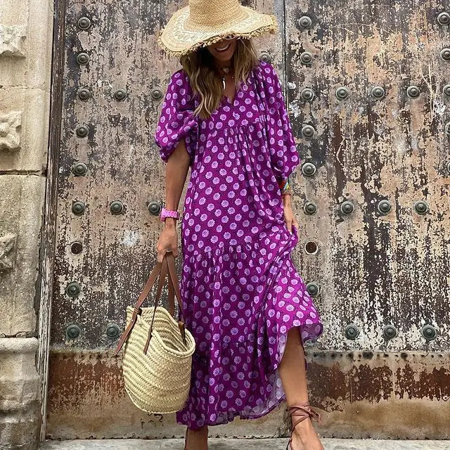 Boho Floral Maxi Dress with Puff Sleeves for Women - Image 16