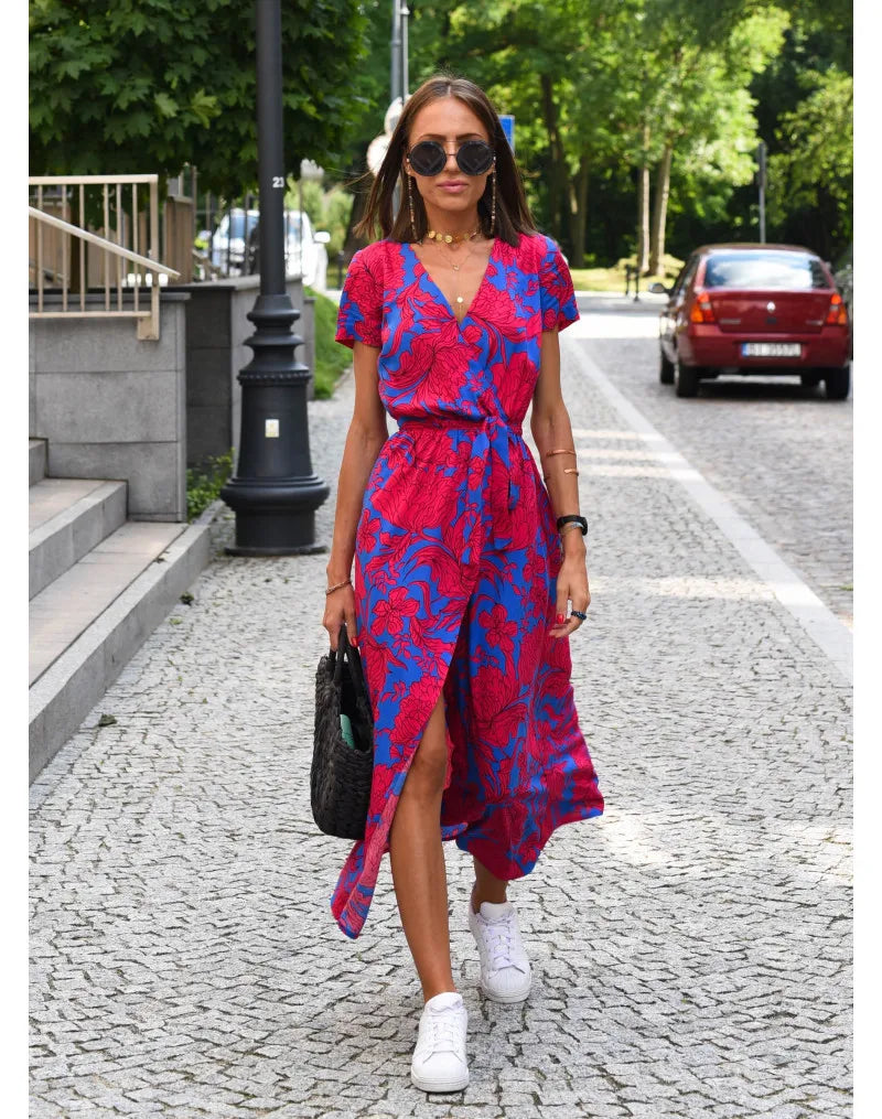 Floral Print V Neck Lace-Up Summer Dress for Women - Image 15