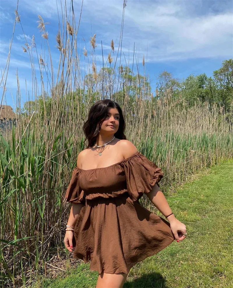 Elegant Off-Shoulder Puff Sleeve Summer Dress in Solid Colors - Image 15
