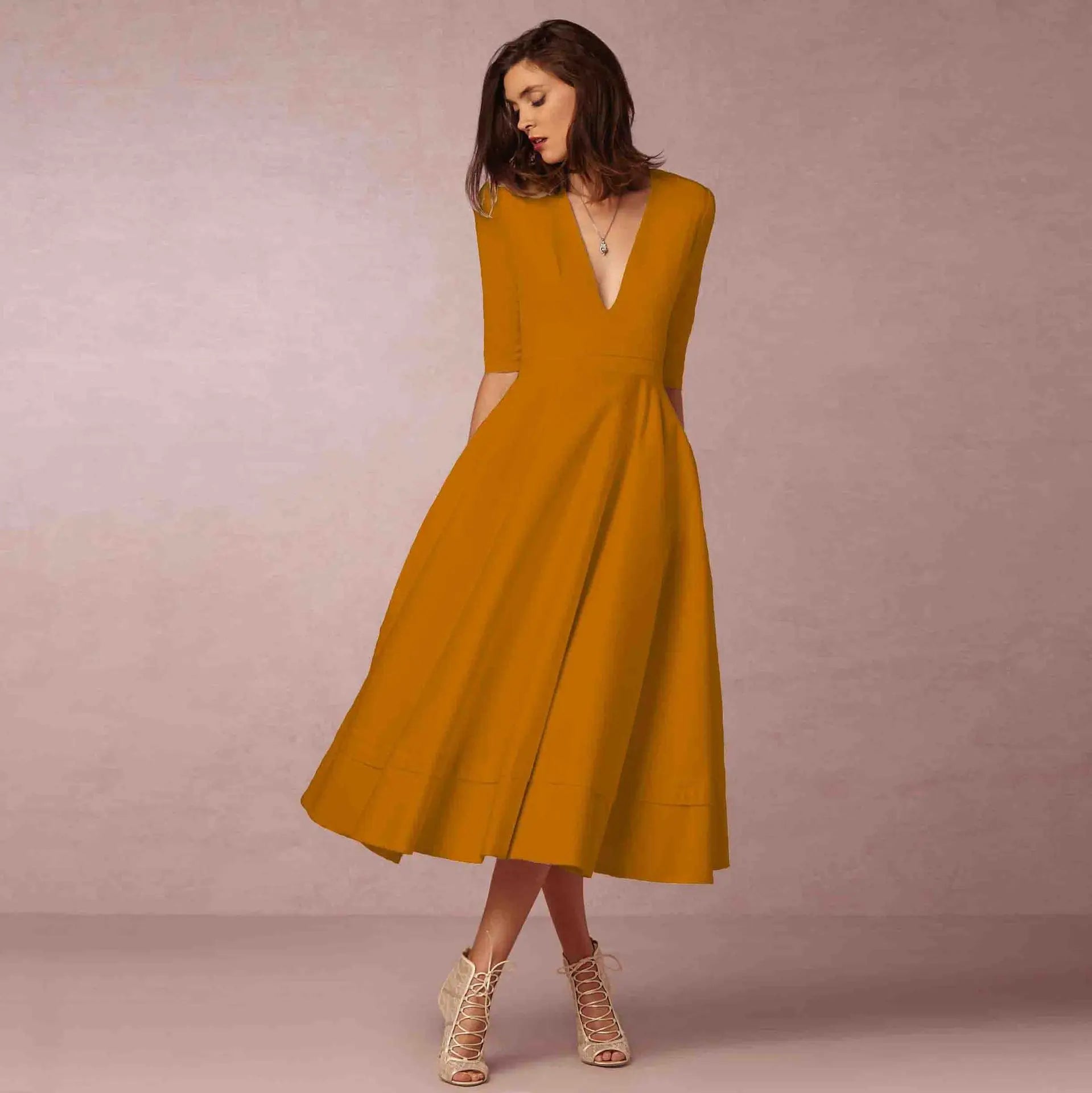 Elegant Solid Color A-line Evening Dress with Deep V-neck - Image 5