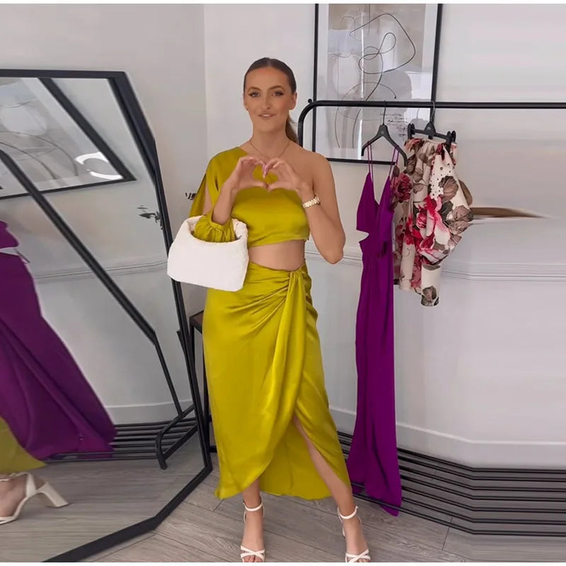 One Shoulder Asymmetrical Satin Long Dress for Women - Image 27