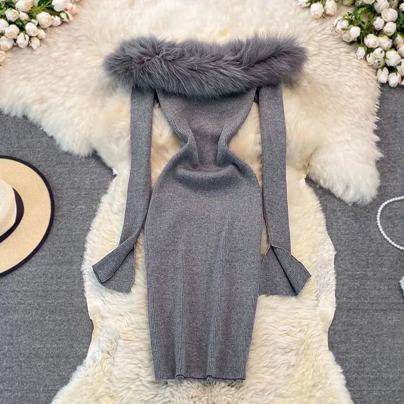 Trendy One-Shoulder Knit Dress with Hairy Collar - Image 4