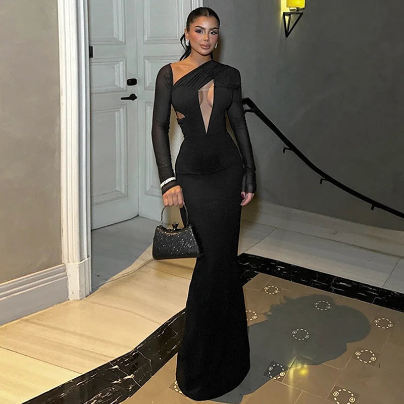 High Waist Skew Collar Mesh Maxi Dress for Parties - Image 3