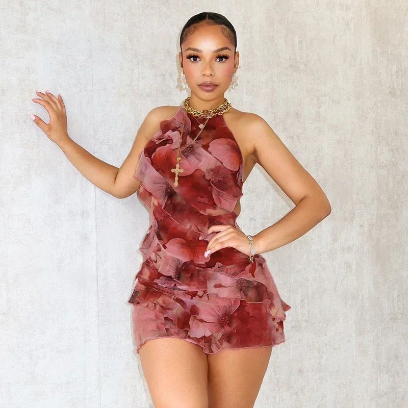 Floral Ruffle Mini Dress - Sexy Halter Backless Style - Image 18