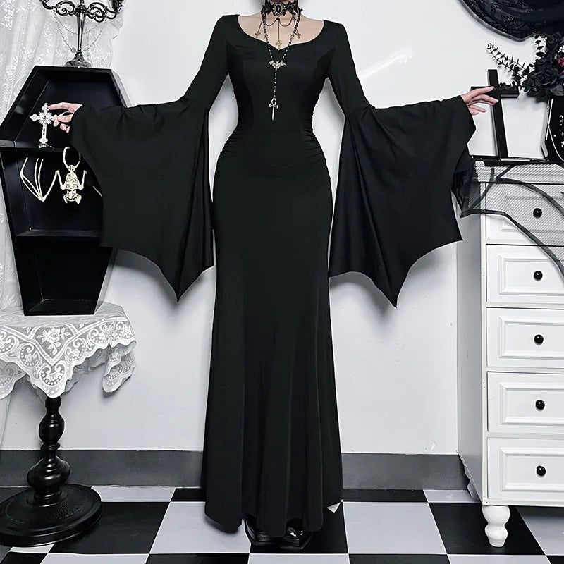 Gothic Vintage Spider Web Dress with Flare Sleeves - Image 5