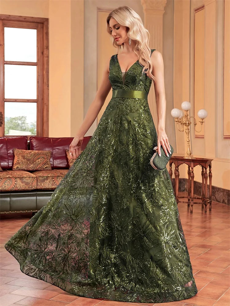 Elegant Deep V-Neck Sequined Blue Evening Dress for Events - Image 21