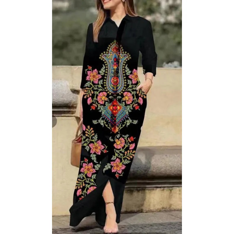Vintage Floral Maxi Shirt Dress with Pockets - Autumn Style - Image 11