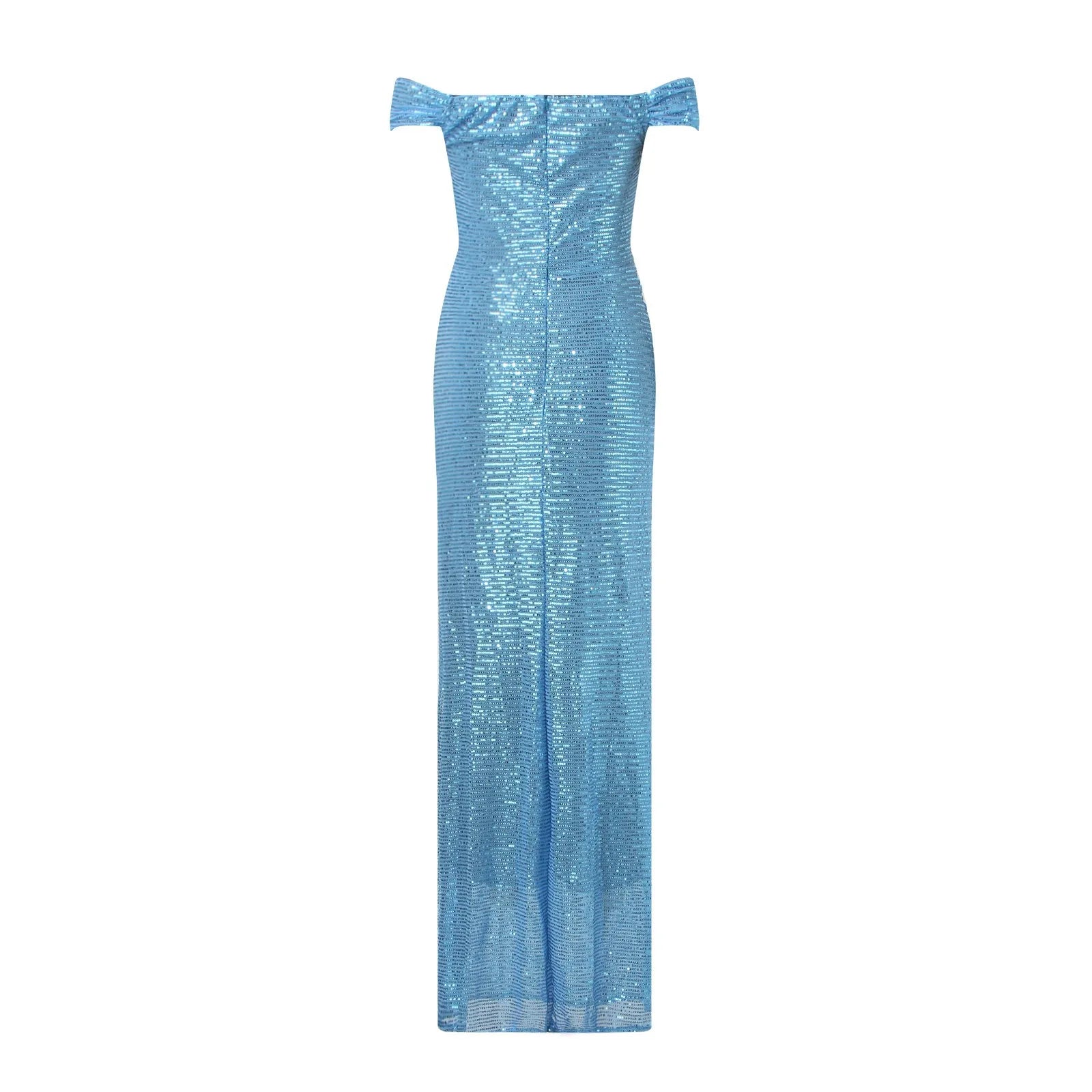 Elegant Off-Shoulder Blue Maxi Dress with High Slit - Image 4