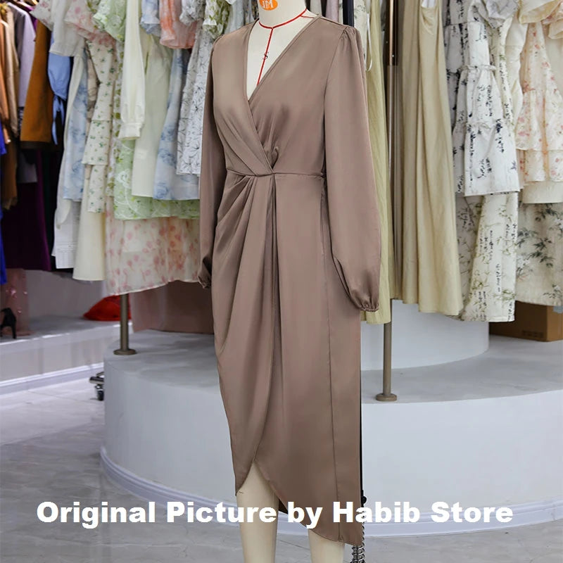 Elegant Women’s Satin Maxi Dress – V-Neck Long Sleeve - Image 7