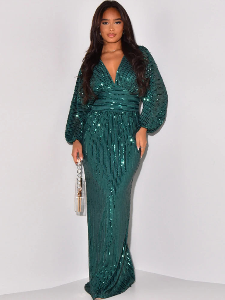 Elegant V-Neck A-Line Sequins Evening Dress for Women - Image 6