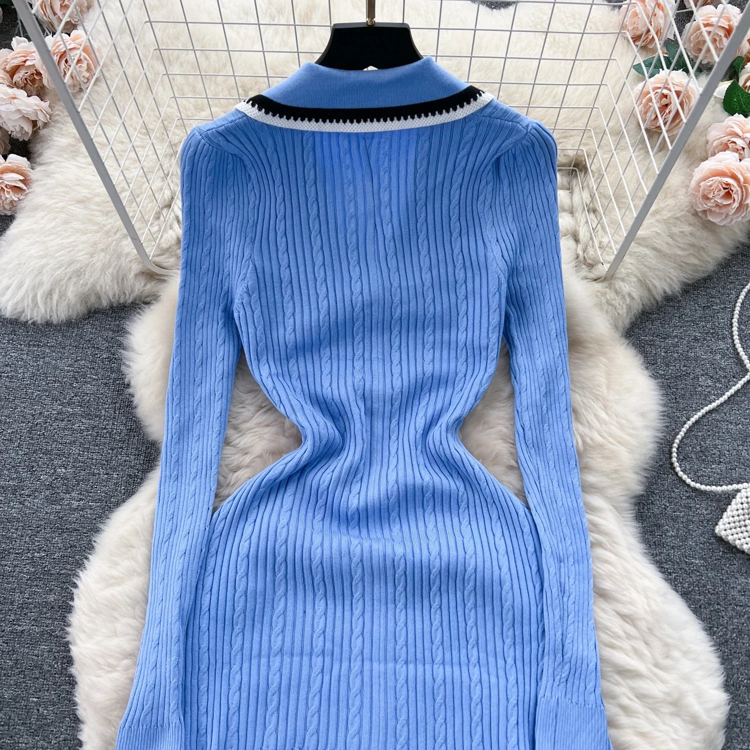 Elegant V-Neck Knitted Dress for Women - Long Sleeve A-Line - Image 34