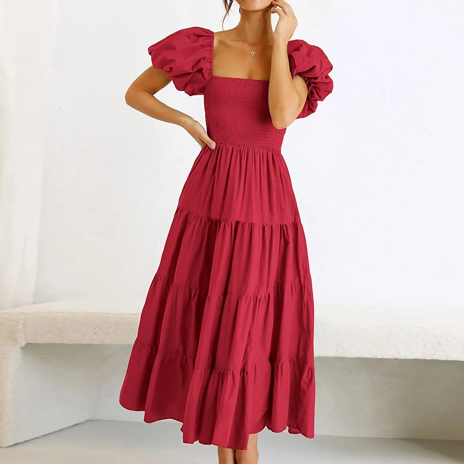 Floral High Waist Puffed Sleeve Summer Dress for Girls