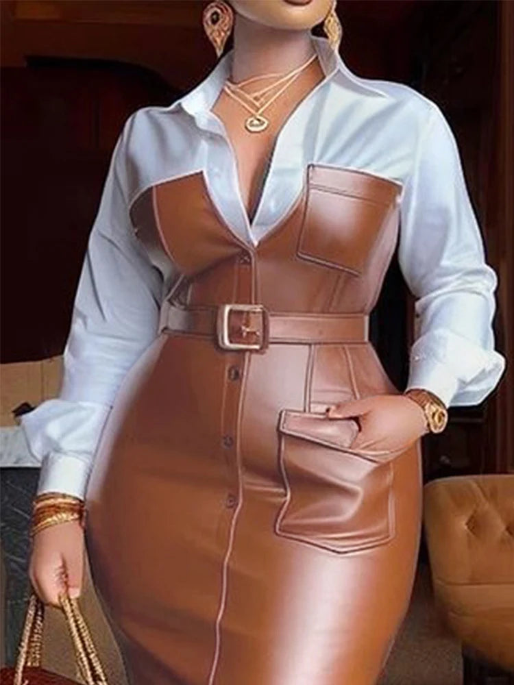 Women's Long Sleeve Midi Dress with Pockets and Belt - Image 3