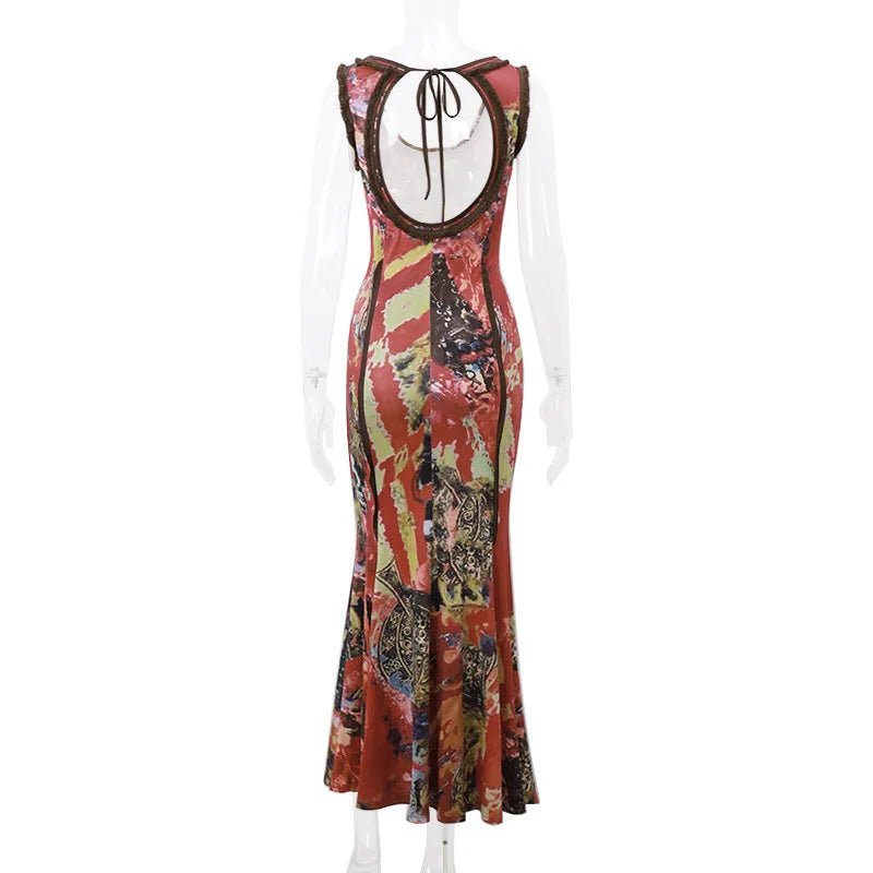 Trendy Tie-Dye U-Neck Backless High Waist Dress - Image 19