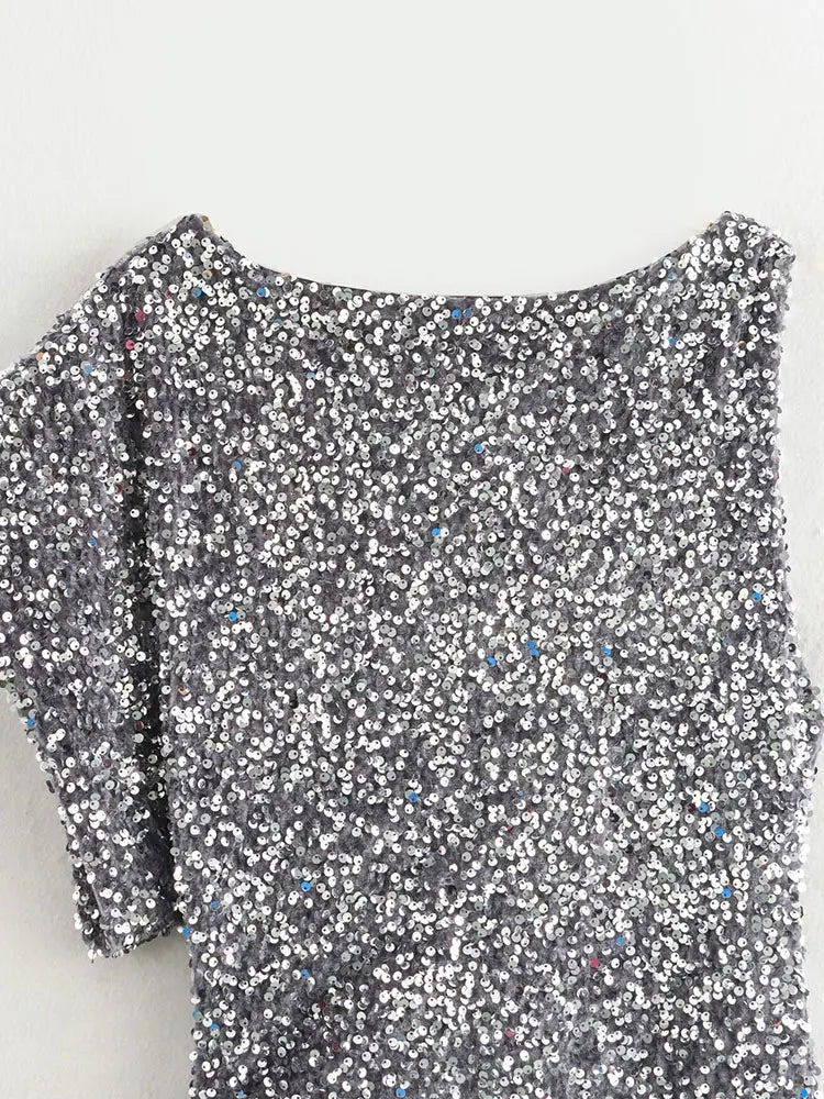 Elegant Vintage Sequined Asymmetric Sleeve Slim Dress - Image 6