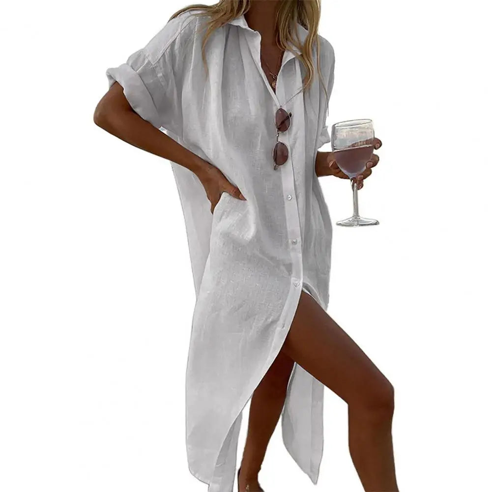 Women's Summer Cotton Linen Short Sleeve Beach Dress - Image 9
