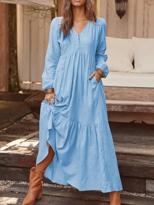 Elegant Vintage V-Neck Cotton-Linen Maxi Dress for Women - Image 14