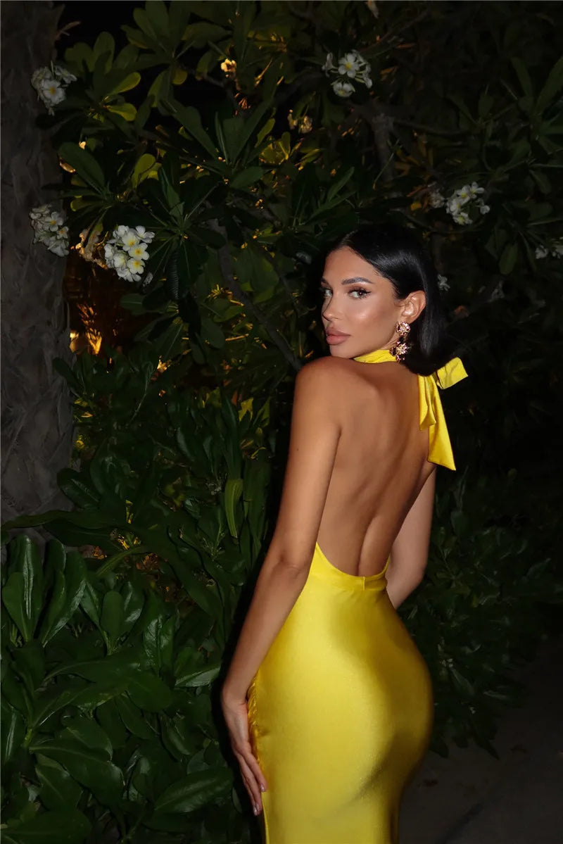 Elegant Yellow High Slit Backless Maxi Dress for Summer - Image 30