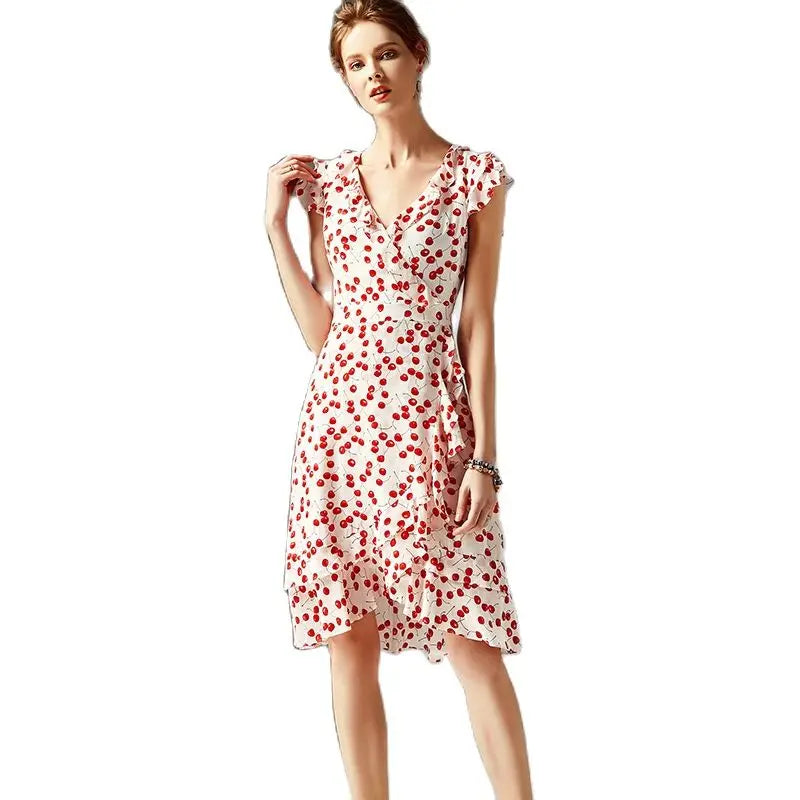 Spring & Summer Women's V-Neck Ruffled Silk A-Line Dress - Image 4