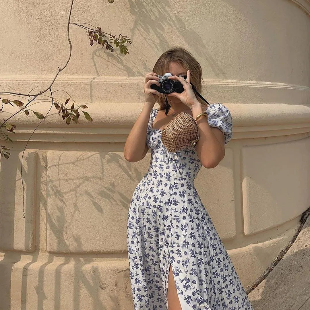 Elegant Y2K Blue Floral Puff Sleeve Dress for Summer Parties - Image 11