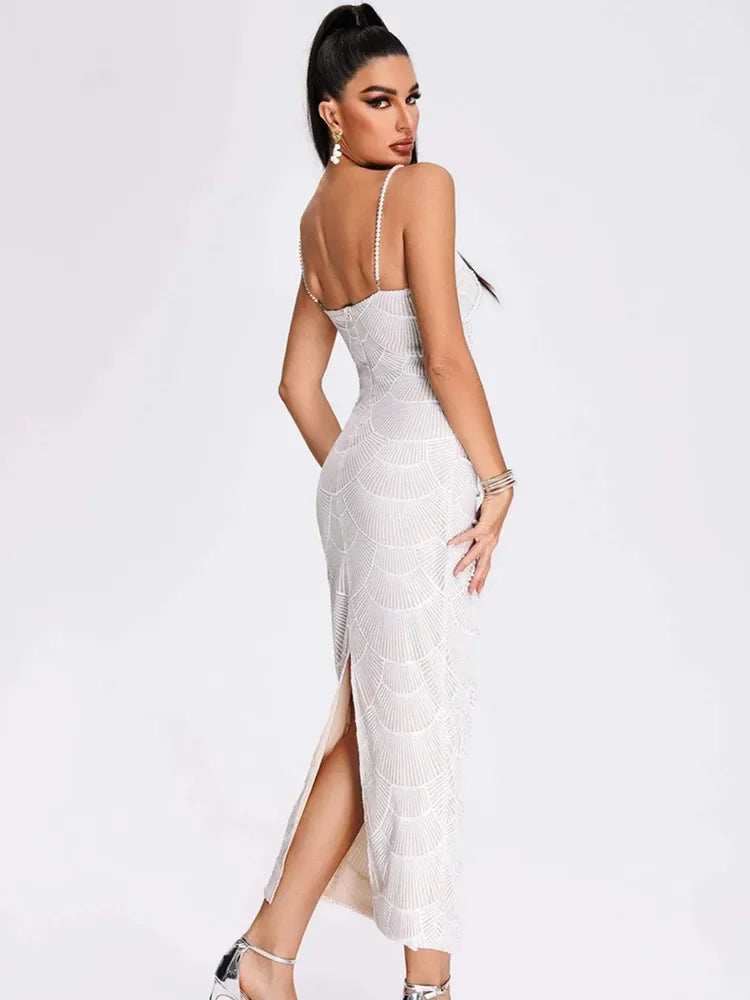 Elegant Women's Pearl Beaded V Neck Cut-Out Maxi Dress - Image 3