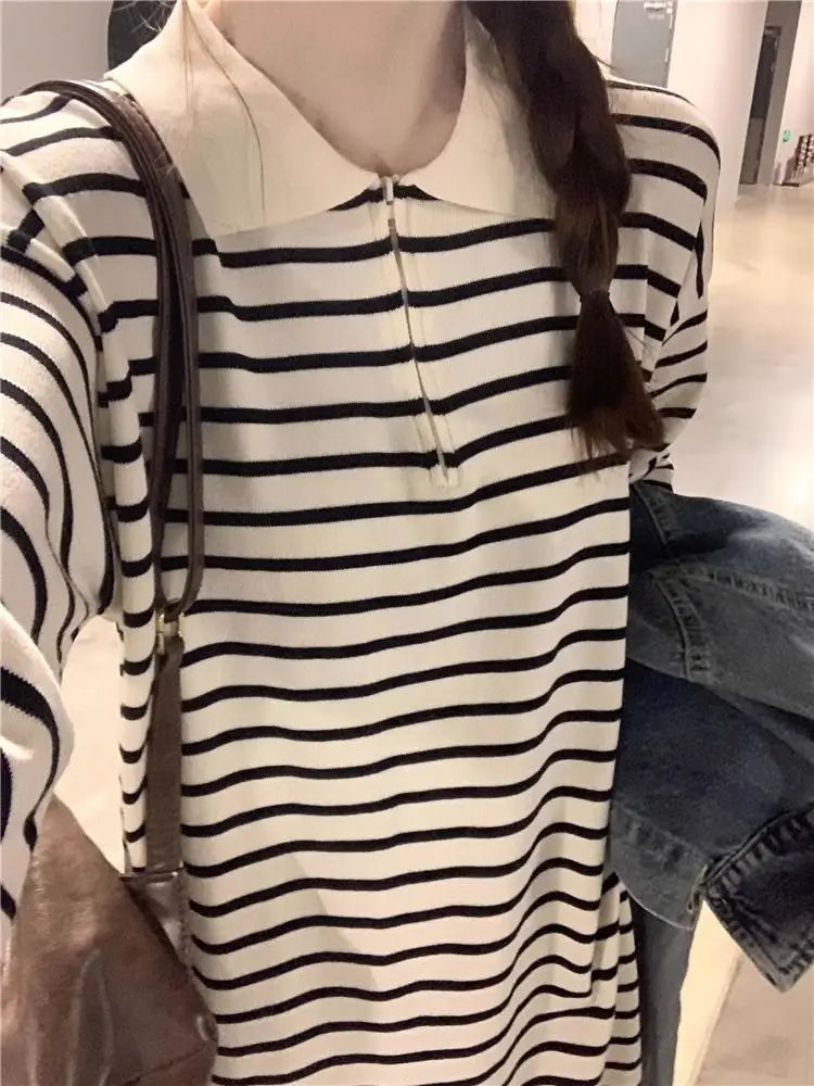 Women's Black Striped Polo Collar Midi Dress - Casual & Flattering - Image 28
