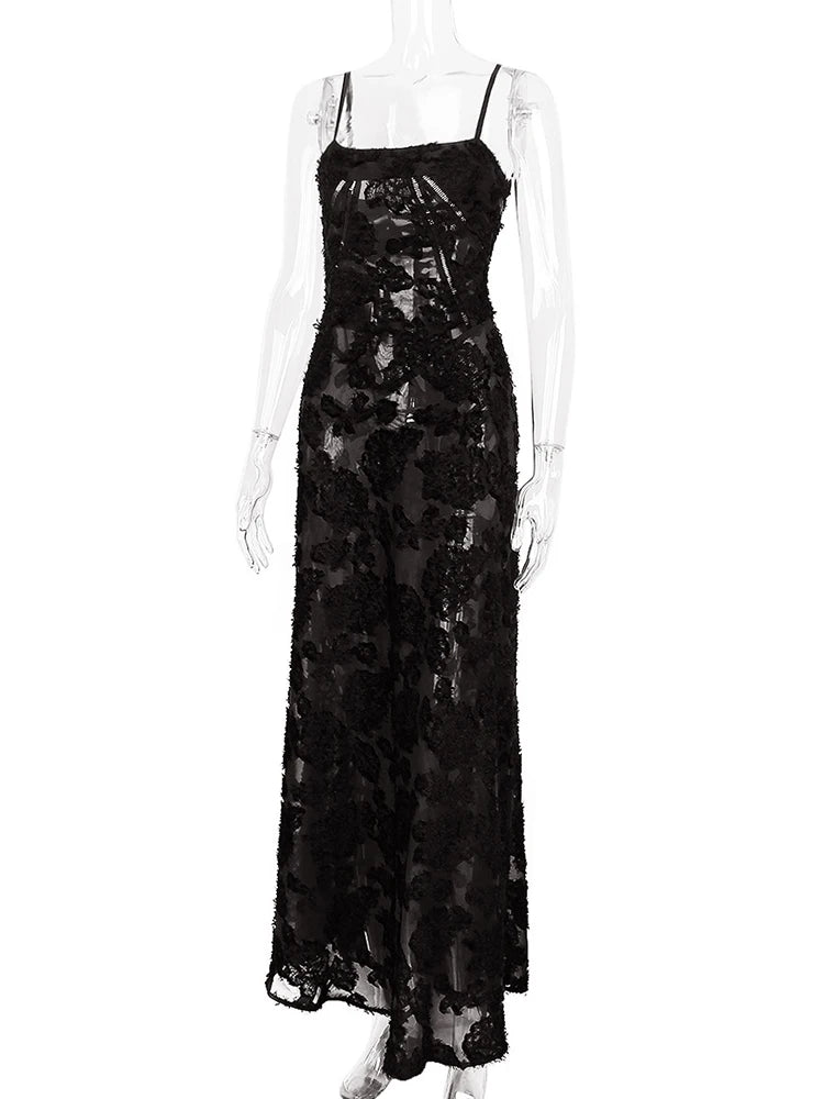 Elegant Boho Sheer Lace Maxi Dress with Spaghetti Straps - Image 7