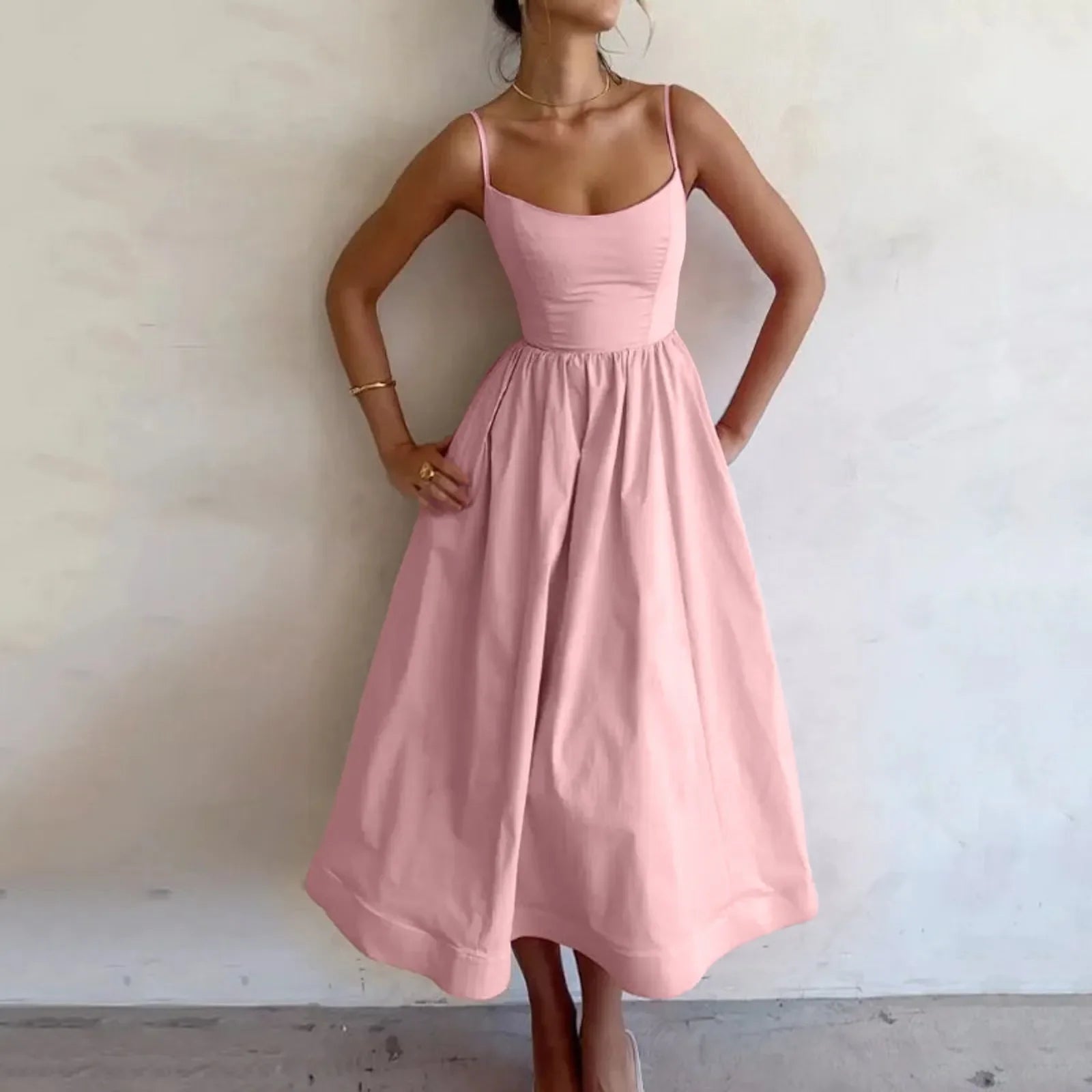 Elegant Pink Pleated Sleeveless Midi Dress for Women - Image 16