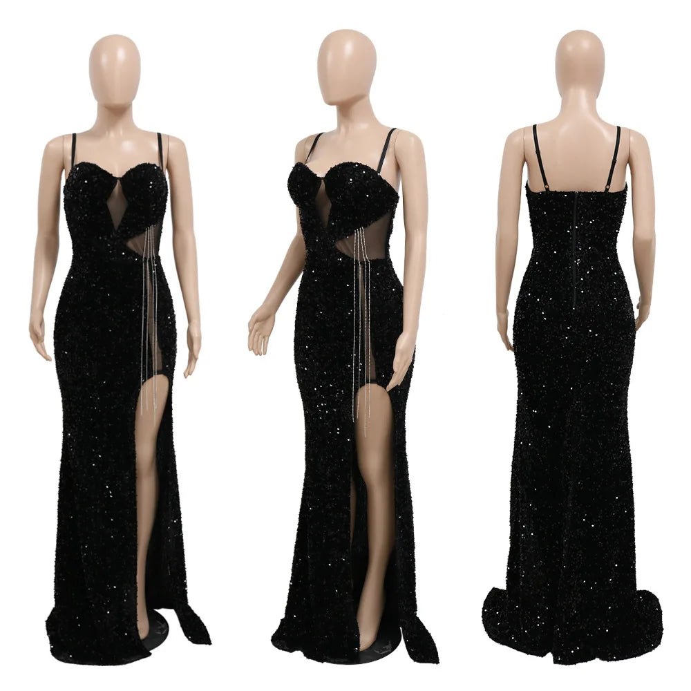 Elegant Sequin Spaghetti Strap Glitter Maxi Dress for Parties - Image 16