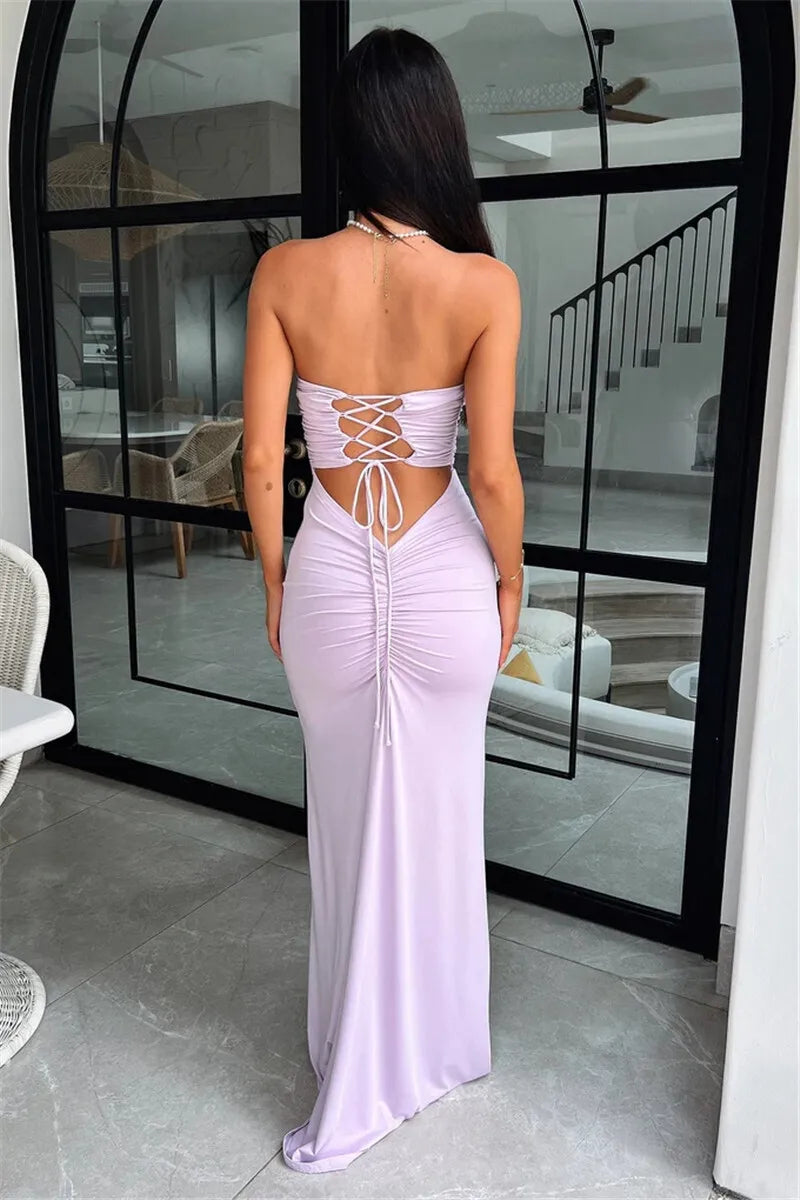 Off-Shoulder Lace-Up Maxi Dress for Summer Parties - Image 47