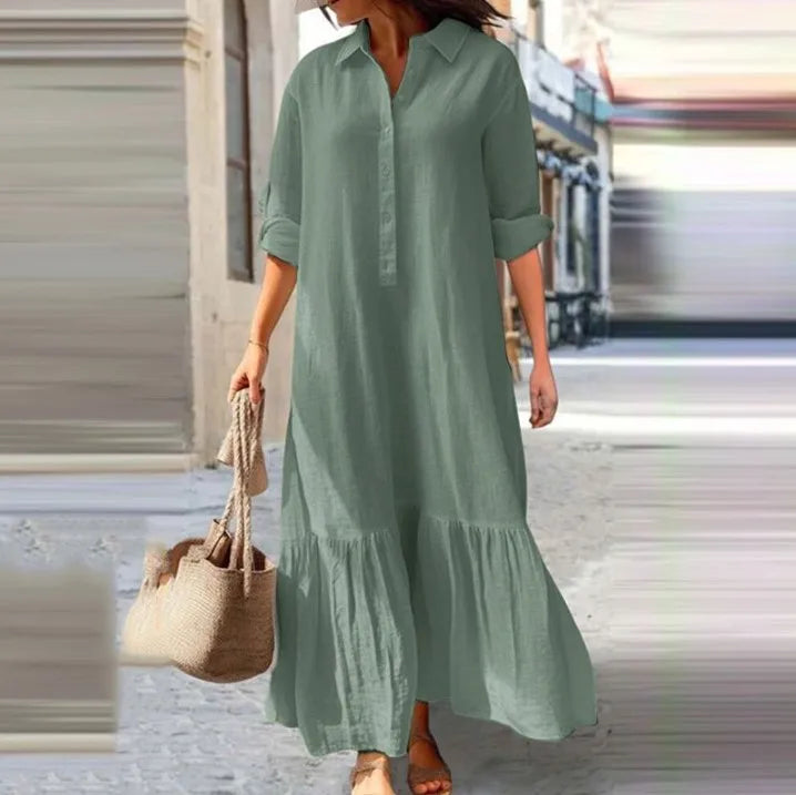 Women's Casual Cotton Linen Long Sleeve Ruffled Dress - Image 15