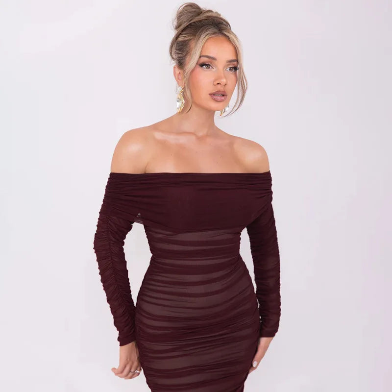 Off-Shoulder Long Sleeve Maxi Dress for Women - Sexy Bodycon - Image 18