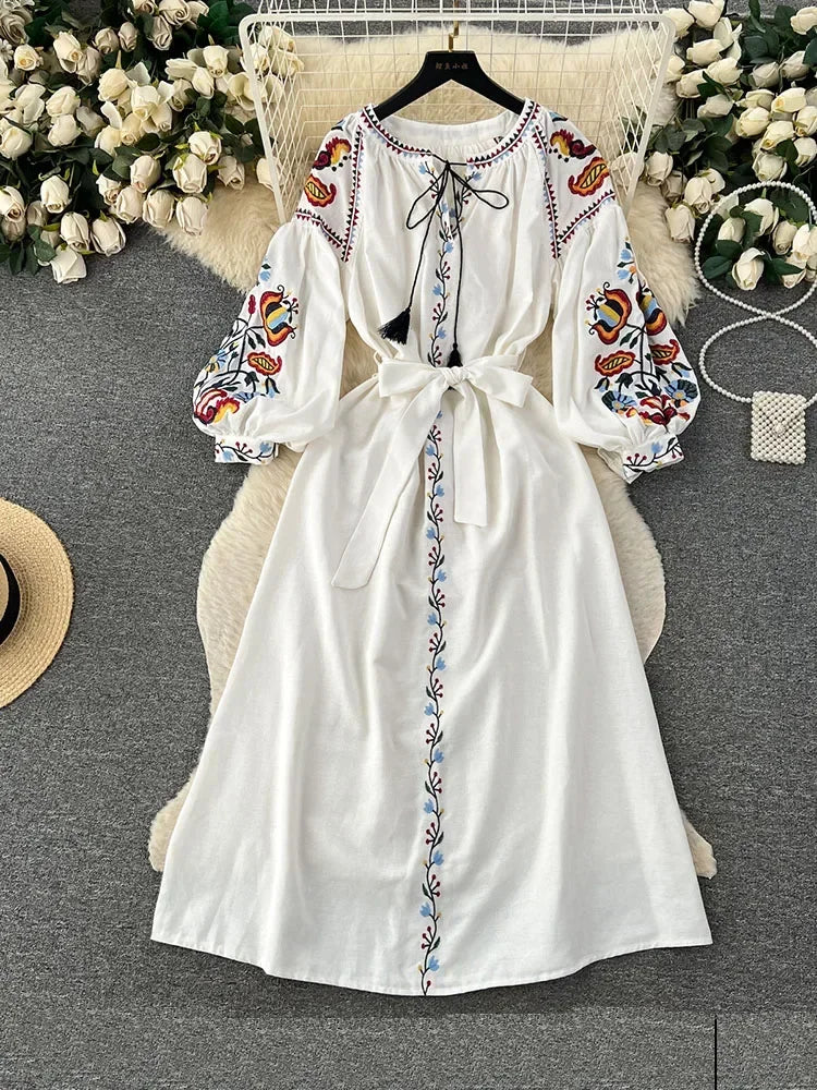 Vintage Ethnic Lantern Sleeve A-line Cotton Linen Dress - Image 3