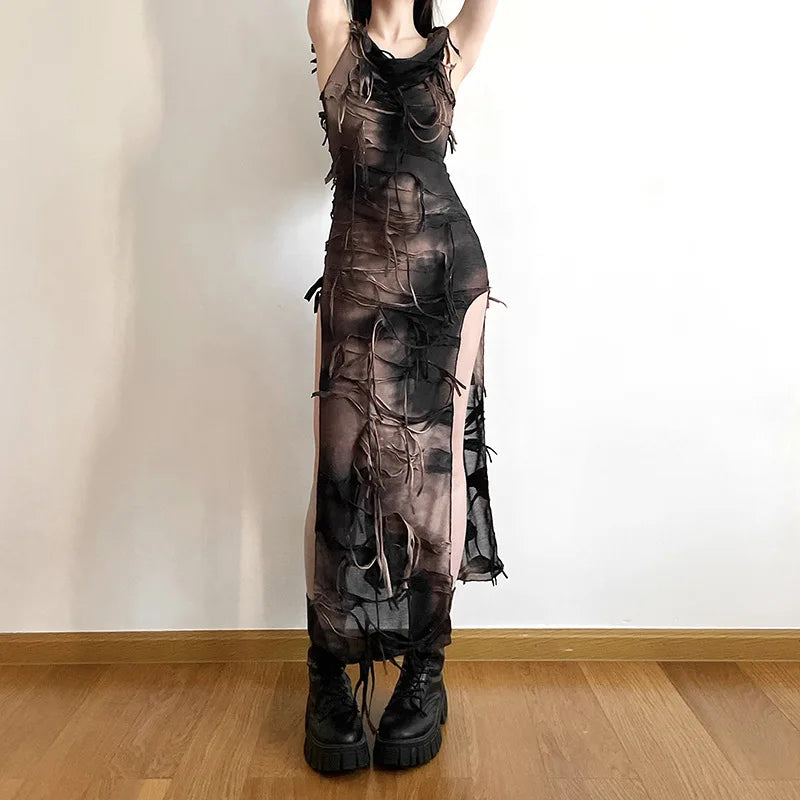 Y2K Vintage Tie-Dye Bodycon Dress with Side Split