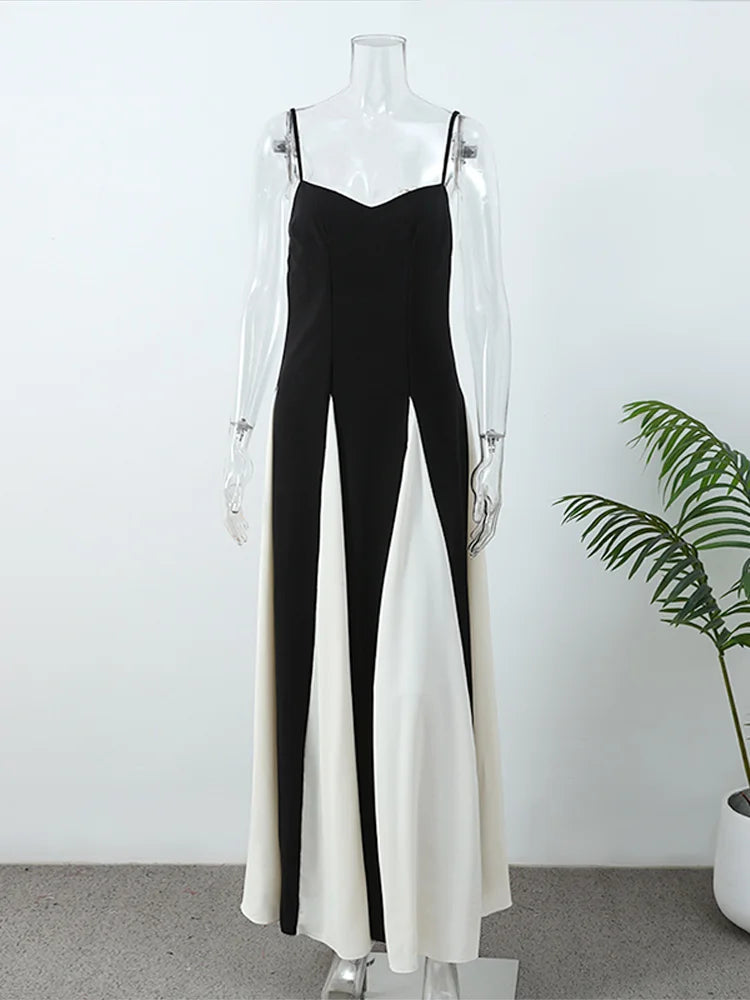 Elegant Slim Contrast Patchwork Sling Maxi Dress for Women - Image 8