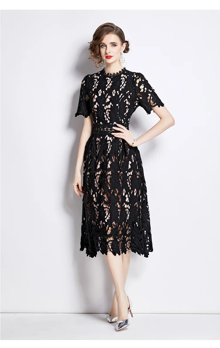 Elegant Embroidered Lace Hollow Out Short Sleeve Dress - Image 21